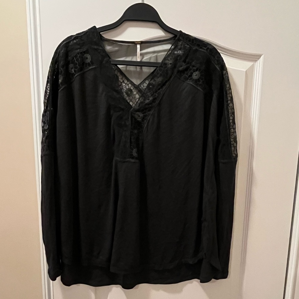 Free People Mesh Black Long Sleeve Top, Size Small